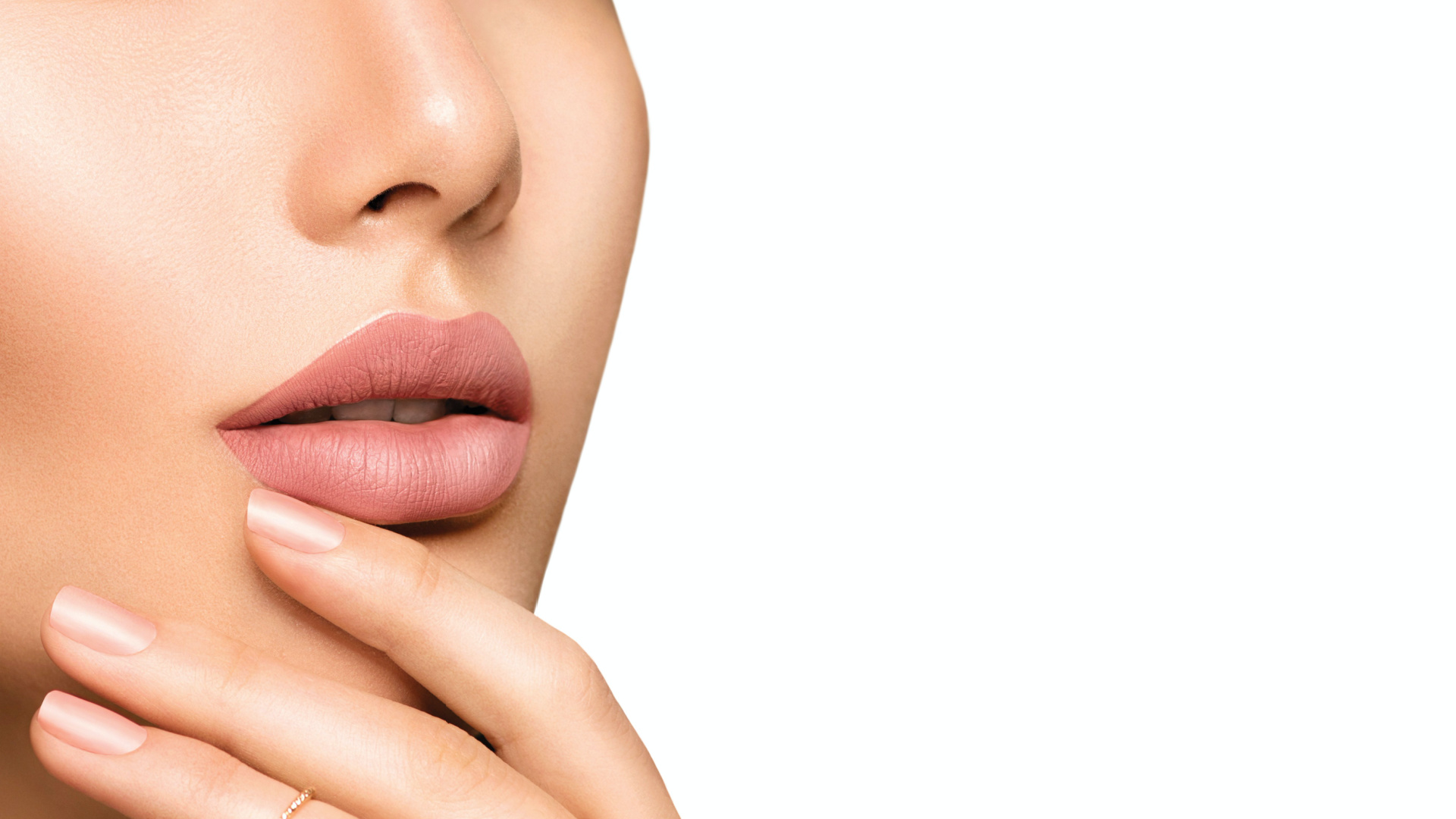 white women touching her lips and chin with a white background