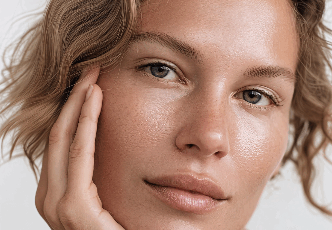 Close-up portrait of a woman with smooth, natural-looking skin and a relaxed expression.