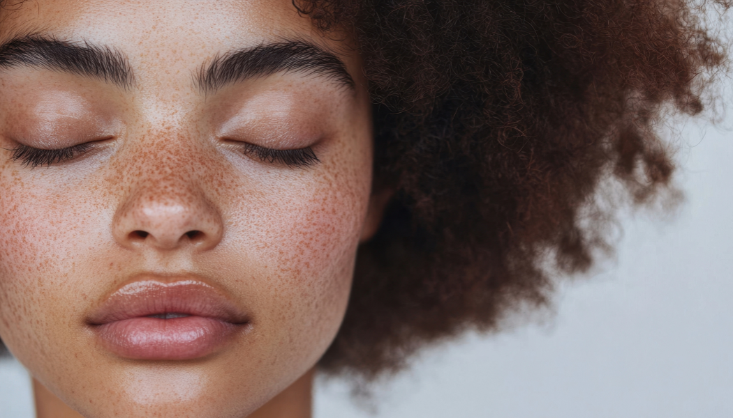 Close-up portrait of a woman with natural freckles, smooth glowing skin, and soft natural makeup, highlighting healthy complexion and facial skin texture.