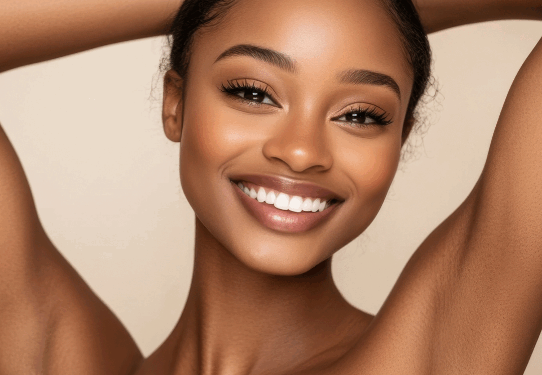 Smiling woman with smooth, glowing skin and even complexion with arms raised against neutral background
