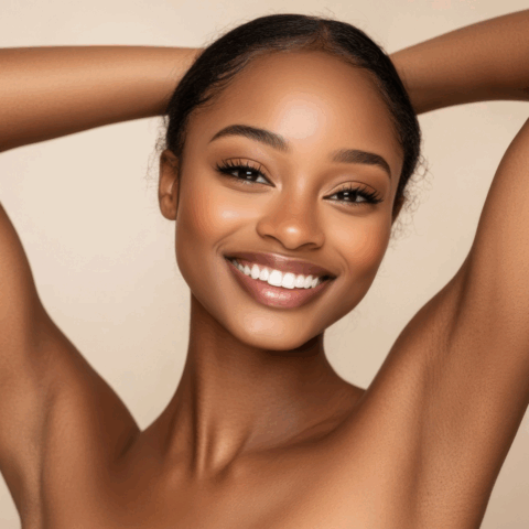 Smiling woman with smooth, glowing skin and even complexion with arms raised against neutral background