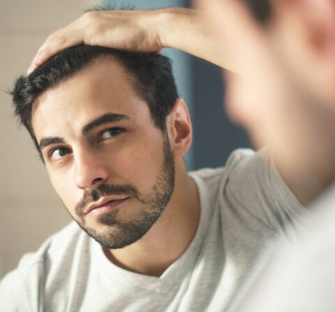 men with dark hair looking in mirror