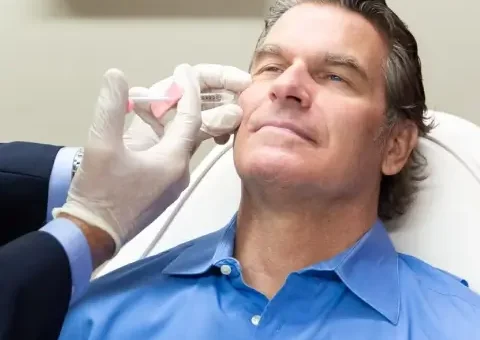 white man getting an injection into his cheek