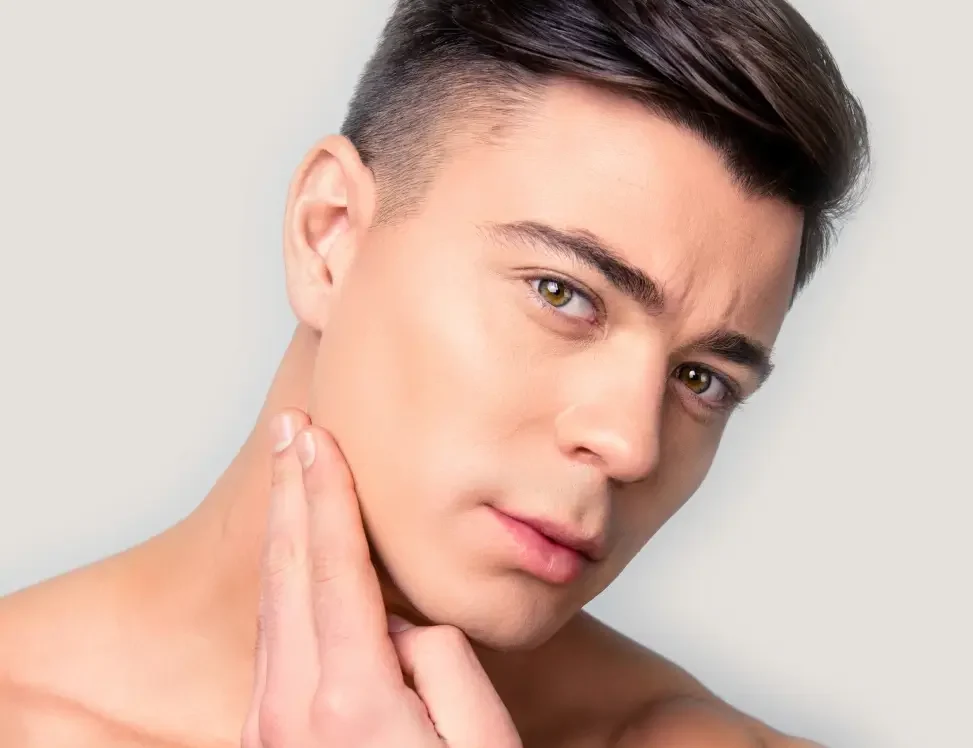 Man with defined facial features and balanced nasal profile against neutral background