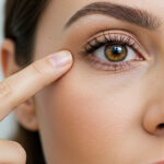 closeup view of a women's brown eye while she is pointing to her eye with her finger