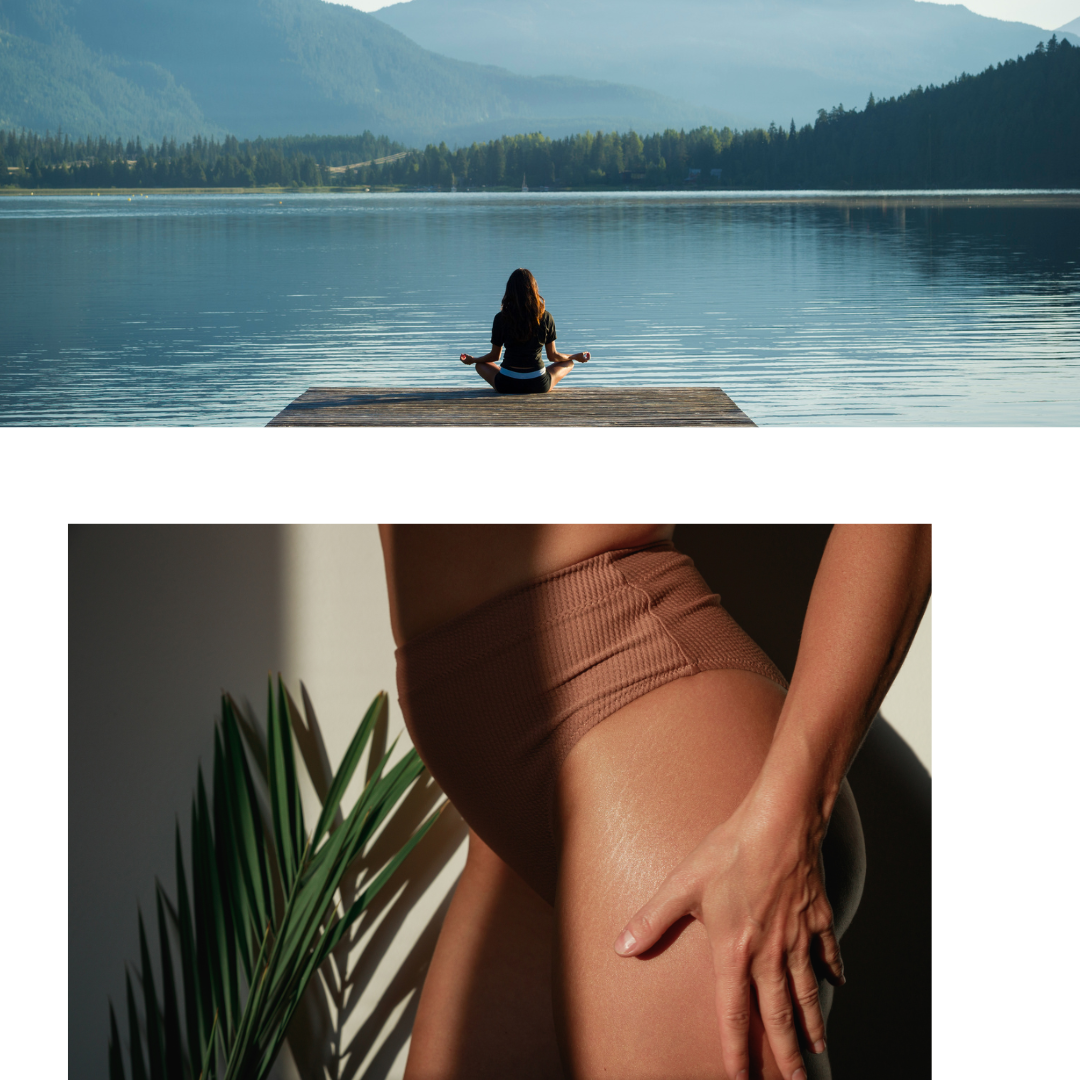 two images, top image is a person meditating at the edge of a serene lake surrounded by forested mountains, symbolizing balance, wellness, and inner peace. The second image is a close-up of a woman’s toned midsection and hips in high-waisted nude shapewear, representing body contouring or skin rejuvenation.