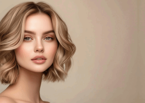 Woman with a blonde wavy bob hairstyle, clear glowing skin, and natural makeup against a neutral beige background.