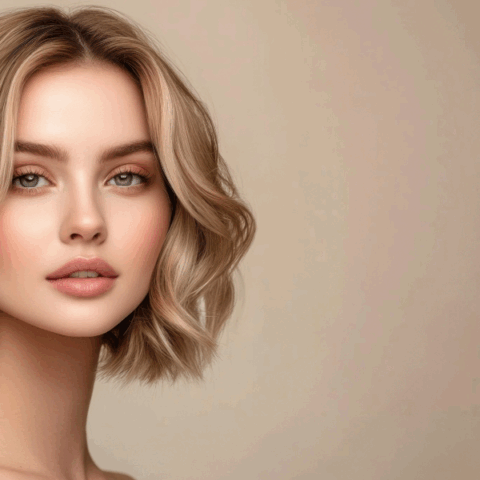 Woman with a blonde wavy bob hairstyle, clear glowing skin, and natural makeup against a neutral beige background.