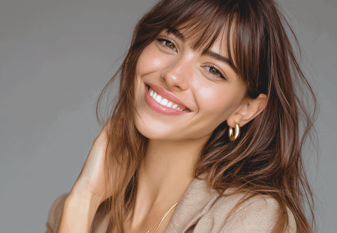 Woman with smooth, glowing skin smiling confidently, representing natural-looking results after BBL laser treatment.