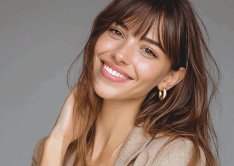 Woman with smooth, glowing skin smiling confidently, representing natural-looking results after BBL laser treatment.