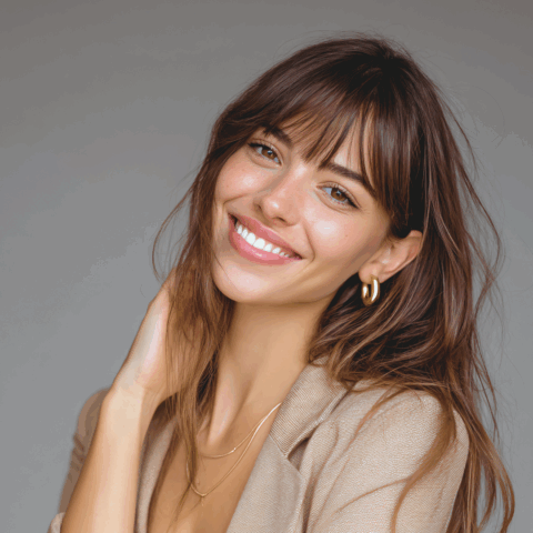 Woman with smooth, glowing skin smiling confidently, representing natural-looking results after BBL laser treatment.