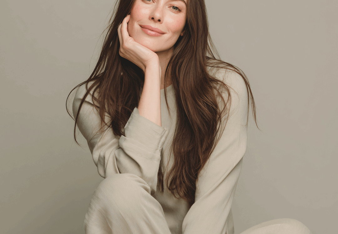Relaxed woman in neutral loungewear smiling softly with hand on chin against muted background