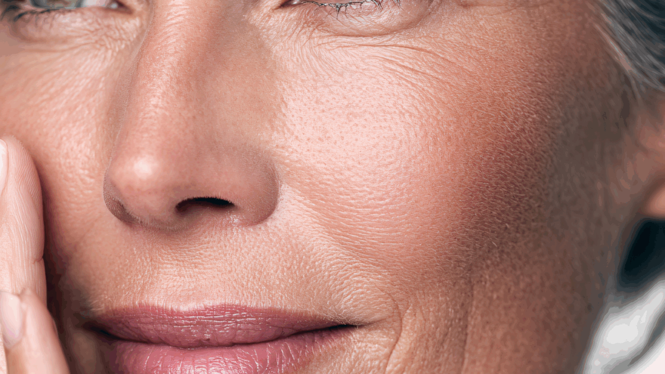 Close-up of mature woman with healthy, even skin tone and natural texture in soft lighting