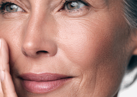 Close-up of mature woman with healthy, even skin tone and natural texture in soft lighting