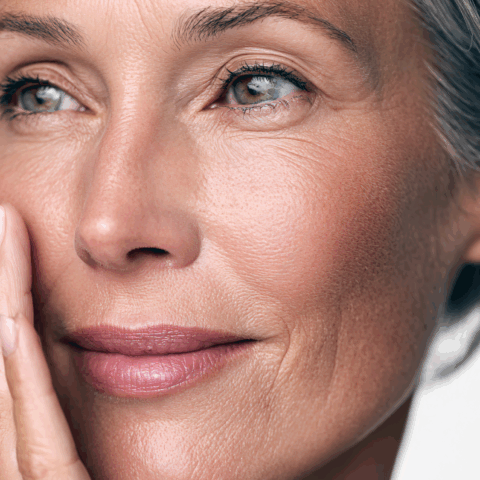 Close-up of mature woman with healthy, even skin tone and natural texture in soft lighting