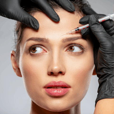 Woman receiving a forehead injection treatment from a gloved provider at a medical spa