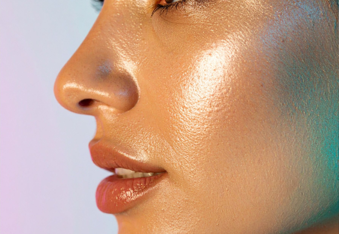 Close-up side profile of a woman with glowing, dewy skin, highlighting smooth texture, hydration, and refined skin tone for skin rejuvenation concept.