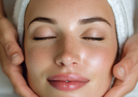 Woman with eyes closed receiving HydraFacial treatment with hands cradling her face in a clinical spa setting