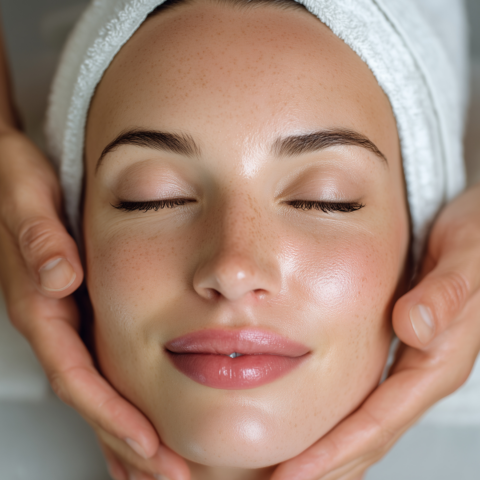Woman with eyes closed receiving HydraFacial treatment with hands cradling her face in a clinical spa setting